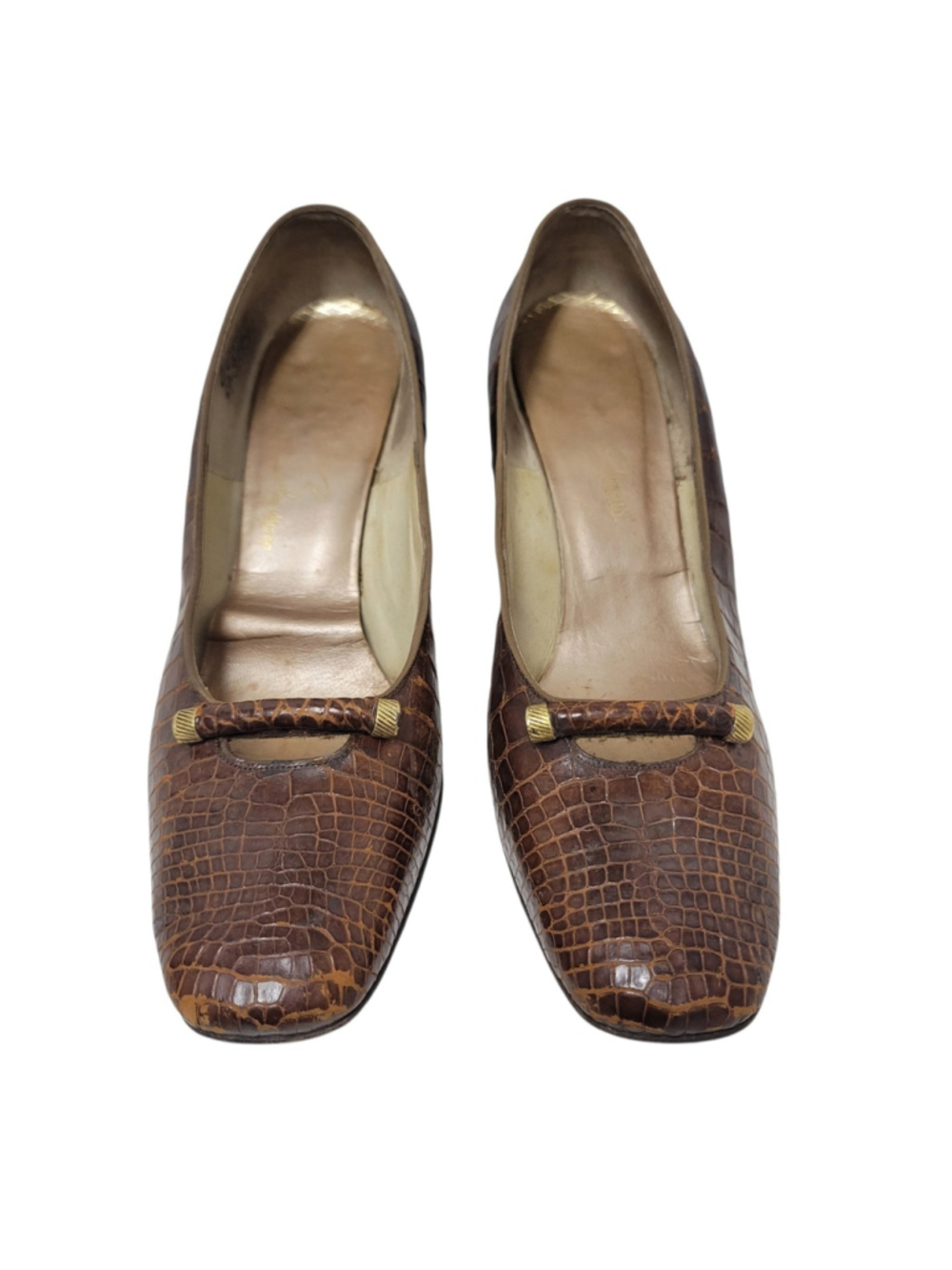 Evins Vintage Women Alligator Leather Block Heel Brown 7.5AA Pre-owned Condition